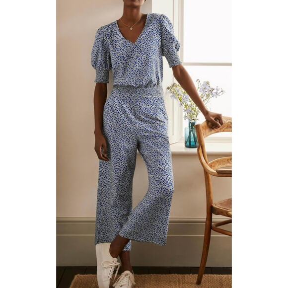 Boden Women's 20/22 Regular Blue Black Small Flowers Floral Jumpsuit Puff Sleeve - Picture 1 of 10